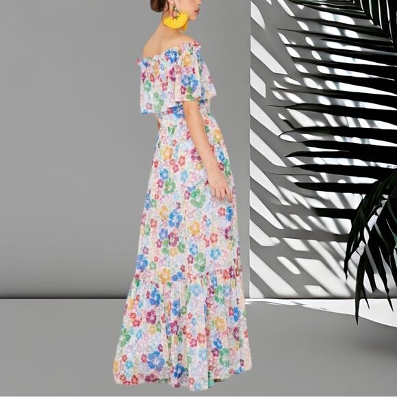 ALL THINGS MOCHI Kona Floral Bardot Chiffon Maxi Dress M - Picture 8 of 16